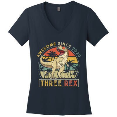 K.ids Three Rex 3rd Birthday S.hirt Third Dinosaur 3 Year Old Women's V-Neck T-Shirt