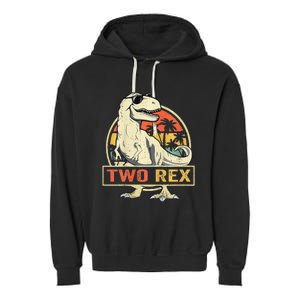 Kids Two Rex 2nd Birthday Gift Second Dinosaur 2 Year Old Garment-Dyed Fleece Hoodie