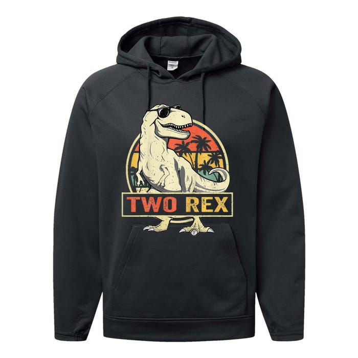 Kids Two Rex 2nd Birthday Gift Second Dinosaur 2 Year Old Performance Fleece Hoodie