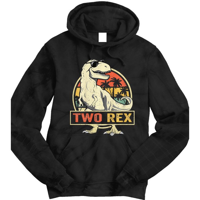 Kids Two Rex 2nd Birthday Gift Second Dinosaur 2 Year Old Tie Dye Hoodie