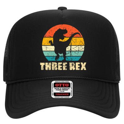 Kids Three Rex 3rd Birthday Third Dinosaur 3 Year Old High Crown Mesh Back Trucker Hat