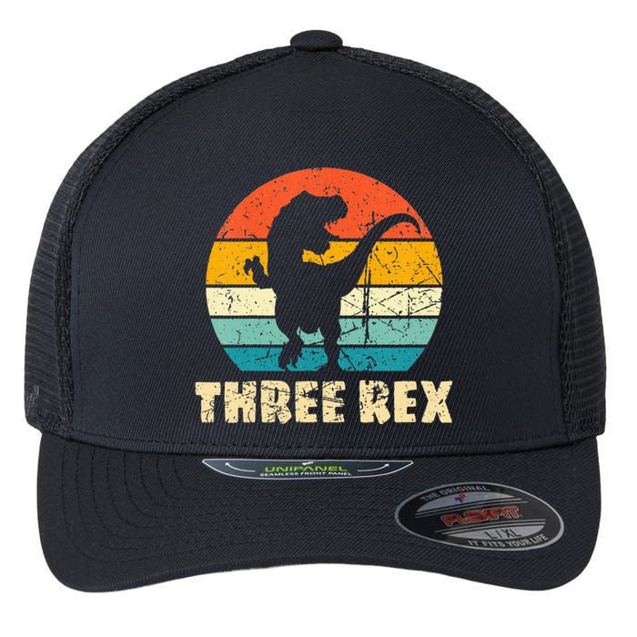 Kids Three Rex 3rd Birthday Third Dinosaur 3 Year Old Flexfit Unipanel Trucker Cap