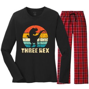 Kids Three Rex 3rd Birthday Third Dinosaur 3 Year Old Women's Long Sleeve Flannel Pajama Set 