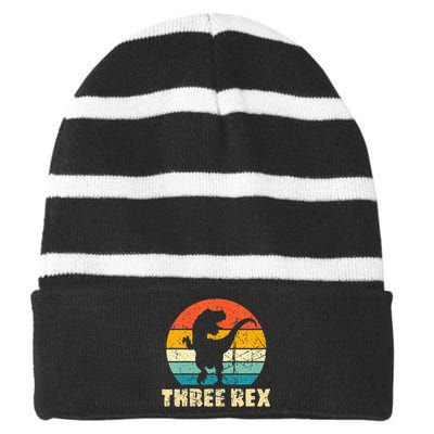 Kids Three Rex 3rd Birthday Third Dinosaur 3 Year Old Striped Beanie with Solid Band