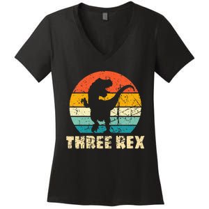 Kids Three Rex 3rd Birthday Third Dinosaur 3 Year Old Women's V-Neck T-Shirt