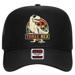 Kids Three Rex 3rd Birthday Third Dinosaur 3 Year Old High Crown Mesh Back Trucker Hat