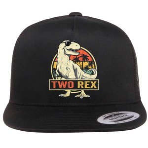 Kids Two Rex 2nd Birthday Gift Second Dinosaur 2 Year Old Flat Bill Trucker Hat