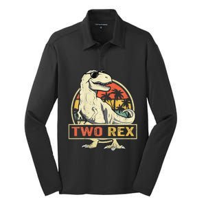 Kids Two Rex 2nd Birthday Gift Second Dinosaur 2 Year Old Silk Touch Performance Long Sleeve Polo