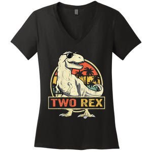 Kids Two Rex 2nd Birthday Gift Second Dinosaur 2 Year Old Women's V-Neck T-Shirt