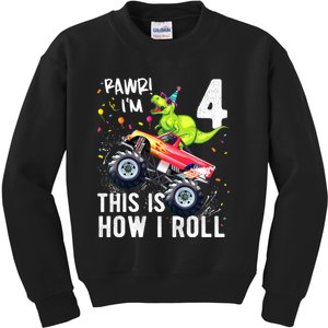 Kids T Rex Dinosaur Monster Truck 4th Birthday Boys And Girls Kids Sweatshirt