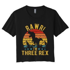 Kids Three Rex 3rd Birthday Dinosaur 3 Year Old Rawr Boy Girl Women's Crop Top Tee