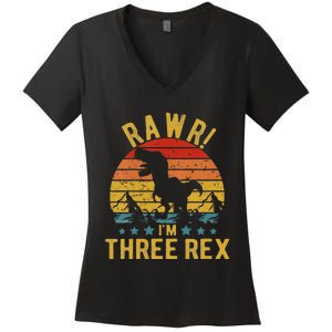 Kids Three Rex 3rd Birthday Dinosaur 3 Year Old Rawr Boy Girl Women's V-Neck T-Shirt