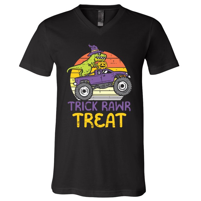 Kids Trick Rawr Treat Dinosaur Monster Truck Halloween Boy Kids V-Neck T-Shirt