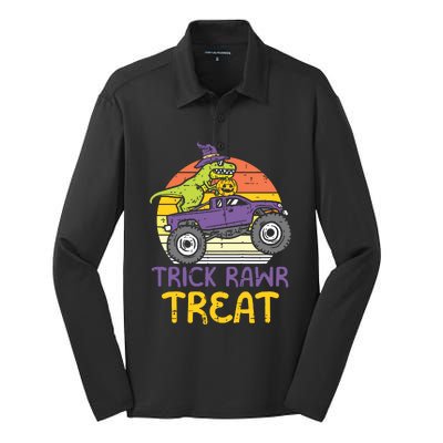 Kids Trick Rawr Treat Dinosaur Monster Truck Halloween Boy Kids Silk Touch Performance Long Sleeve Polo