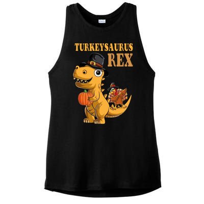 Kids Turkeysaurus Rex Turkey Dino Thanksgiving Ladies PosiCharge Tri-Blend Wicking Tank