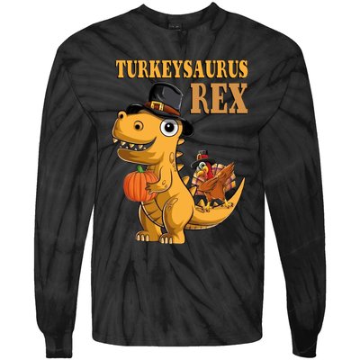 Kids Turkeysaurus Rex Turkey Dino Thanksgiving Tie-Dye Long Sleeve Shirt
