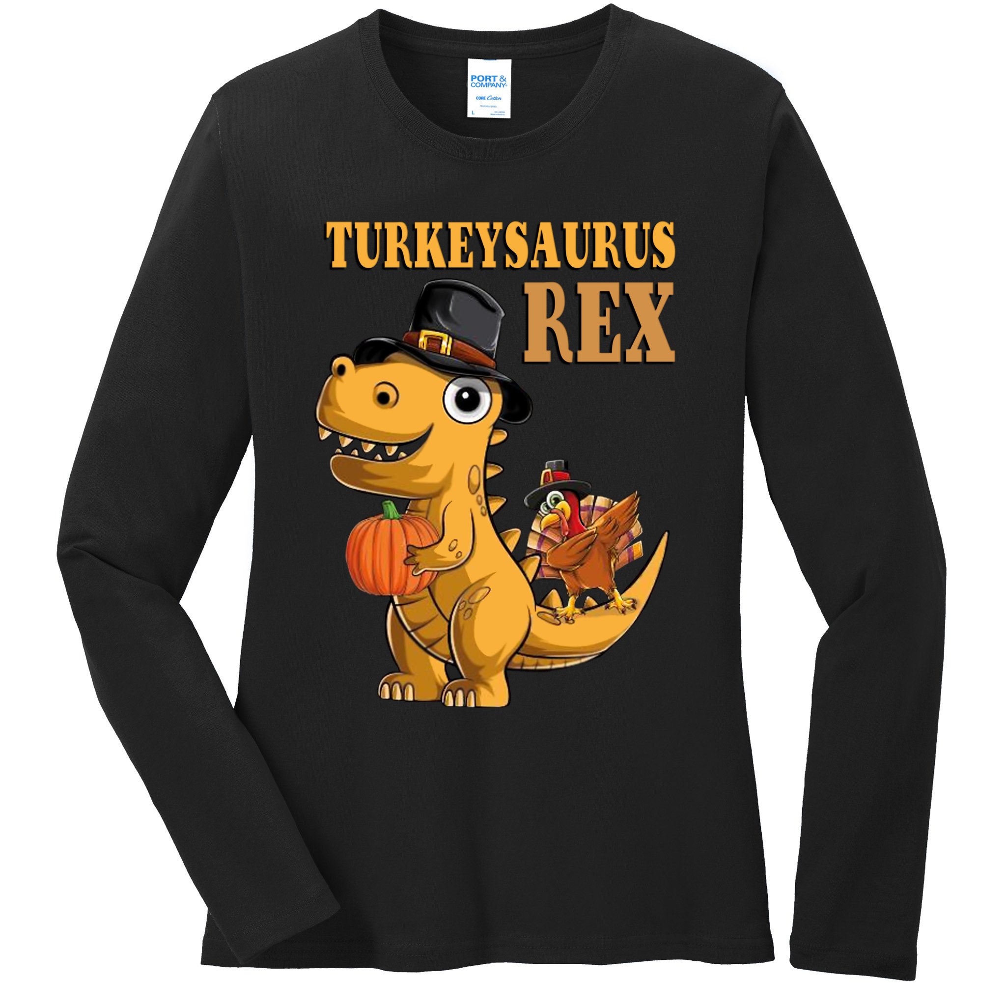 Kids Turkeysaurus Rex Turkey Dino Thanksgiving Ladies Long Sleeve Shirt