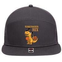 Kids Turkeysaurus Rex Turkey Dino Thanksgiving 7 Panel Mesh Trucker Snapback Hat