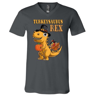 Kids Turkeysaurus Rex Turkey Dino Thanksgiving V-Neck T-Shirt