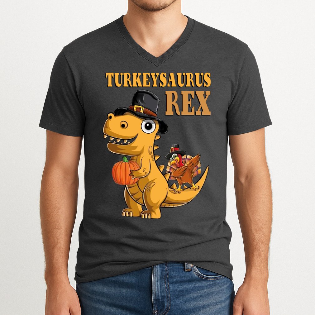 Kids Turkeysaurus Rex Turkey Dino Thanksgiving V-Neck T-Shirt