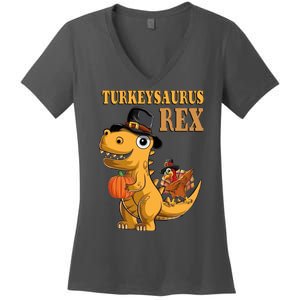 Kids Turkeysaurus Rex Turkey Dino Thanksgiving Women's V-Neck T-Shirt