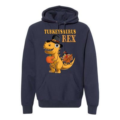 Kids Turkeysaurus Rex Turkey Dino Thanksgiving Premium Hoodie