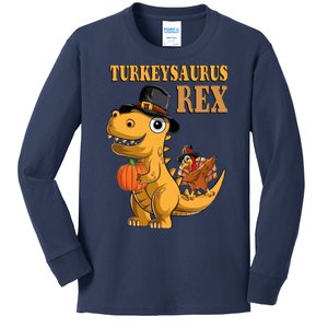 Kids Turkeysaurus Rex Turkey Dino Thanksgiving Kids Long Sleeve Shirt