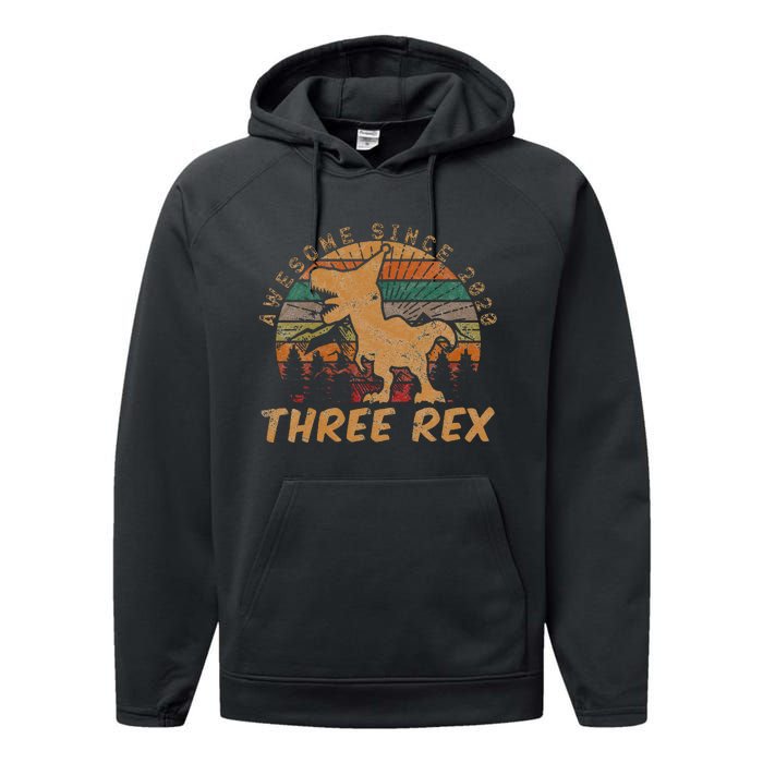 Kids Three Rex 3rd Birthday Gifts Third Dinosaur 3 Year Old Performance Fleece Hoodie