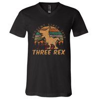 Kids Three Rex 3rd Birthday Gifts Third Dinosaur 3 Year Old V-Neck T-Shirt