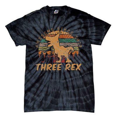 Kids Three Rex 3rd Birthday Gifts Third Dinosaur 3 Year Old Tie-Dye T-Shirt