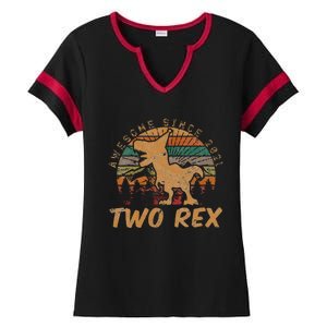 Kids Two Rex 2nd Birthday Gifts Second Dinosaur 2 Year Old Ladies Halftime Notch Neck Tee