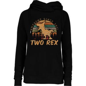 Kids Two Rex 2nd Birthday Gifts Second Dinosaur 2 Year Old Womens Funnel Neck Pullover Hood