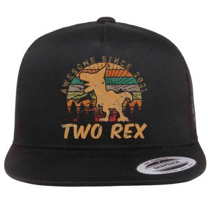 Kids Two Rex 2nd Birthday Gifts Second Dinosaur 2 Year Old Flat Bill Trucker Hat