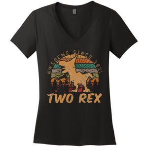 Kids Two Rex 2nd Birthday Gifts Second Dinosaur 2 Year Old Women's V-Neck T-Shirt