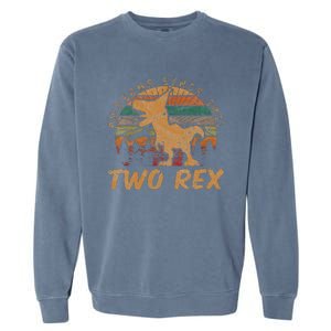 Kids Two Rex 2nd Birthday Gifts Second Dinosaur 2 Year Old Garment-Dyed Sweatshirt