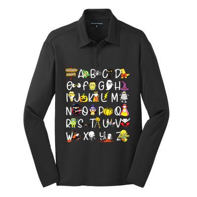 Kindergarten Teacher Student Abc Alphabet Halloween Silk Touch Performance Long Sleeve Polo