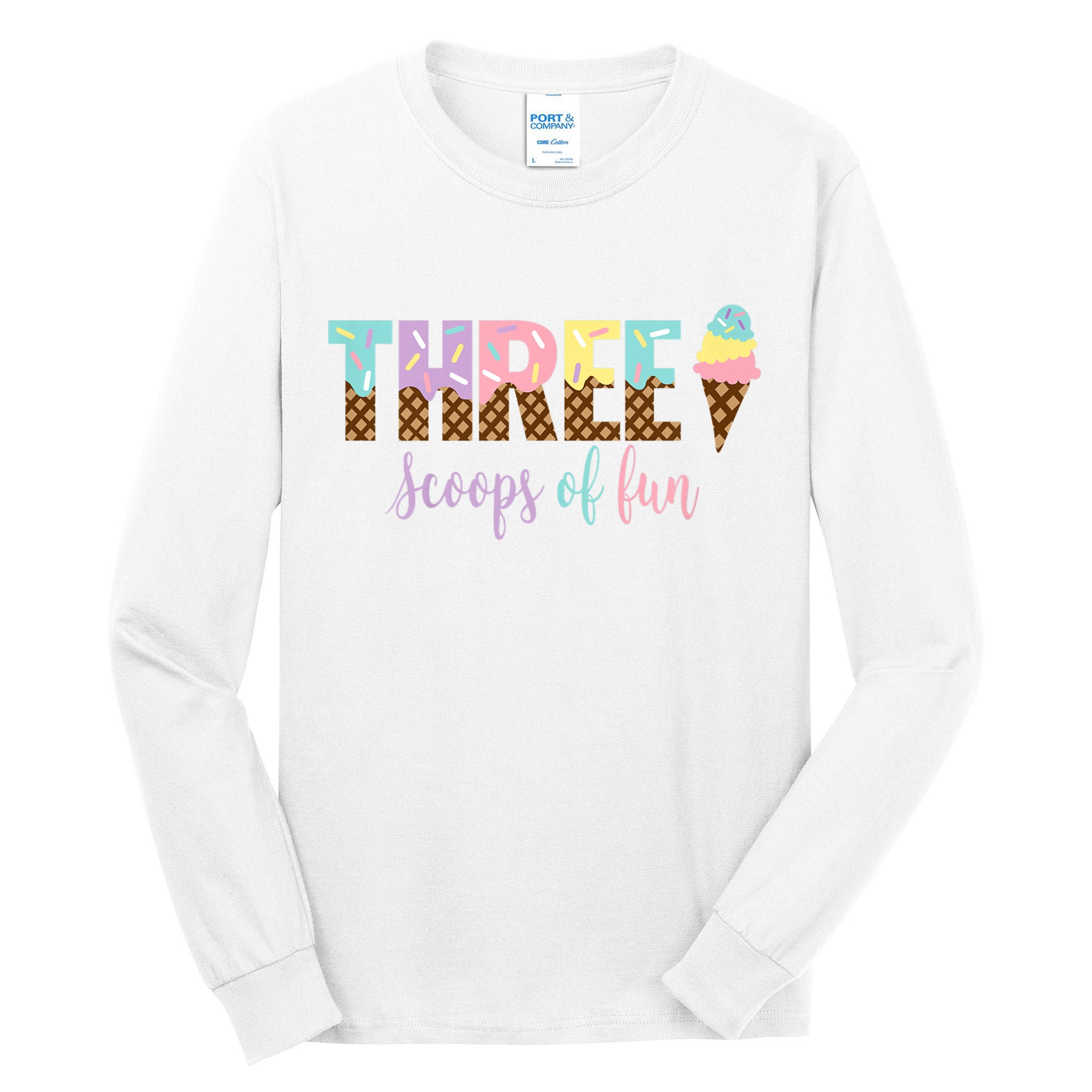 Kids Three Scoops Of Fun Ice Cream Girls 3rd Birthday Girl Outfit Tall Long Sleeve T-Shirt