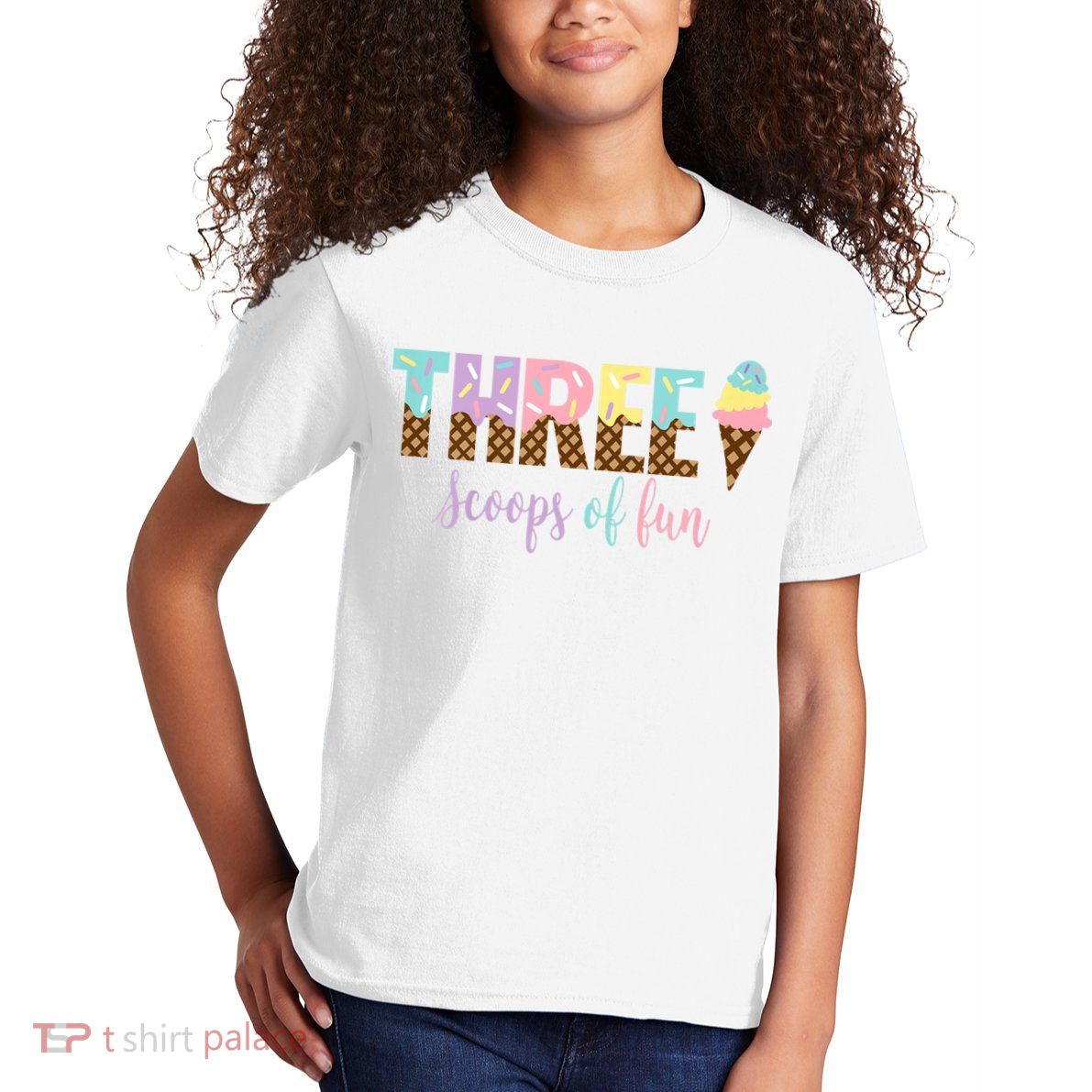Kids Three Scoops Of Fun Ice Cream Girls 3rd Birthday Girl Outfit Kids T-Shirt