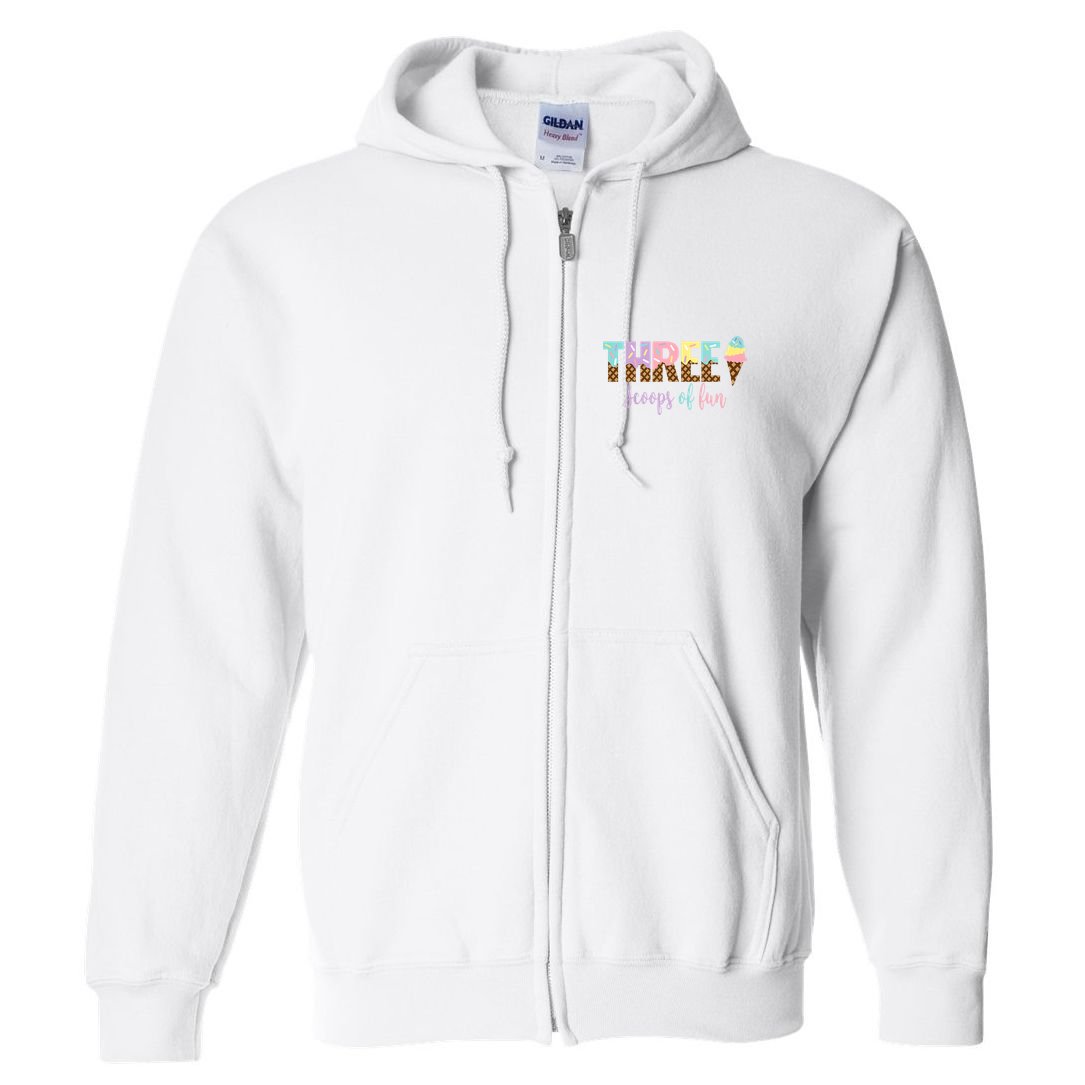 Kids Three Scoops Of Fun Ice Cream Girls 3rd Birthday Girl Outfit Full Zip Hoodie