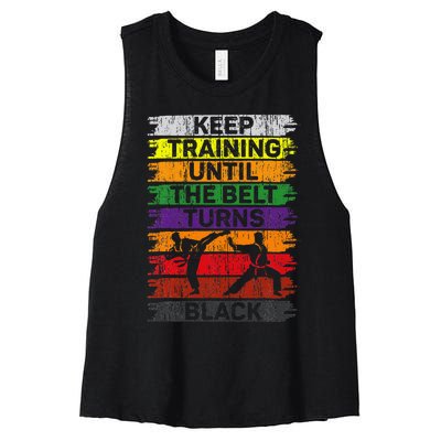 Keep Training Until The Belt Turns Black Karate Women's Racerback Cropped Tank