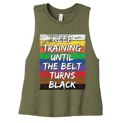 Keep Training Until The Belt Turns Black Distressed Karate Women's Racerback Cropped Tank