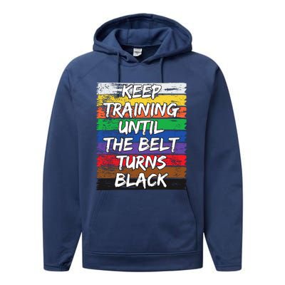 Keep Training Until The Belt Turns Black Distressed Karate Performance Fleece Hoodie