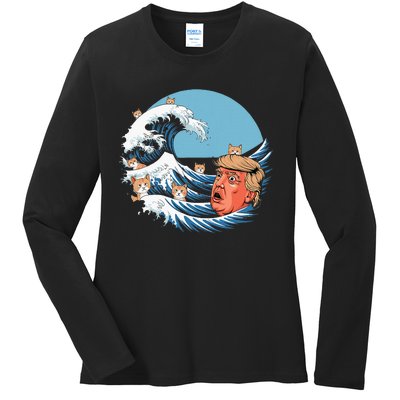 Kamala T Women Kamala Merchandise Blue Cat Wave Trump Ladies Long Sleeve Shirt