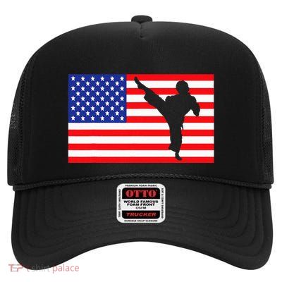 Karate Usa American Flag Kicking Fighter High Crown Mesh Back Trucker Hat