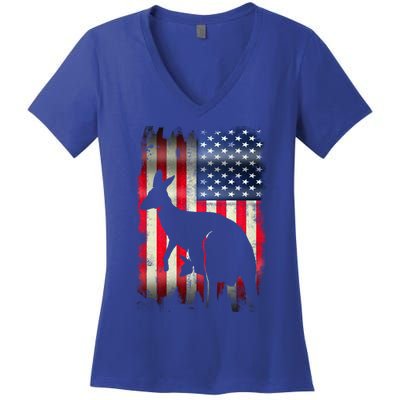 Kangaroo Usa American Flag 4th Of July Patriotic Gift Women's V-Neck T-Shirt