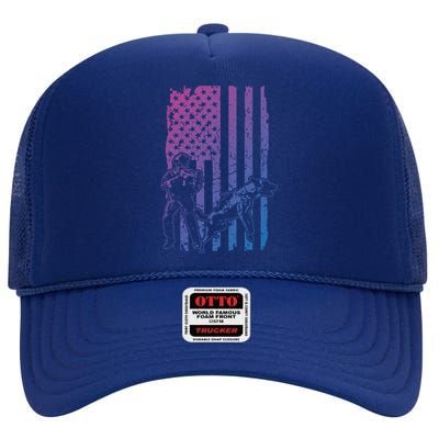 K9 Unit Dog Police Officer Army Soldier Rescue Usa Flag Gift High Crown Mesh Back Trucker Hat