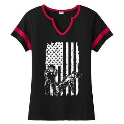 K9 Unit Dog Police Officer Army Soldier Rescue Usa Flag Gift Ladies Halftime Notch Neck Tee