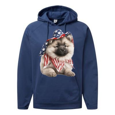 Keeshond USA Flag American Dogs Patriotic 4th Of July Performance Fleece Hoodie