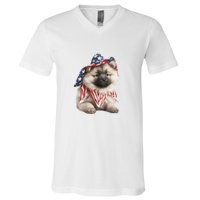 Keeshond USA Flag American Dogs Patriotic 4th Of July V-Neck T-Shirt