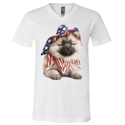 Keeshond USA Flag American Dogs Patriotic 4th Of July V-Neck T-Shirt